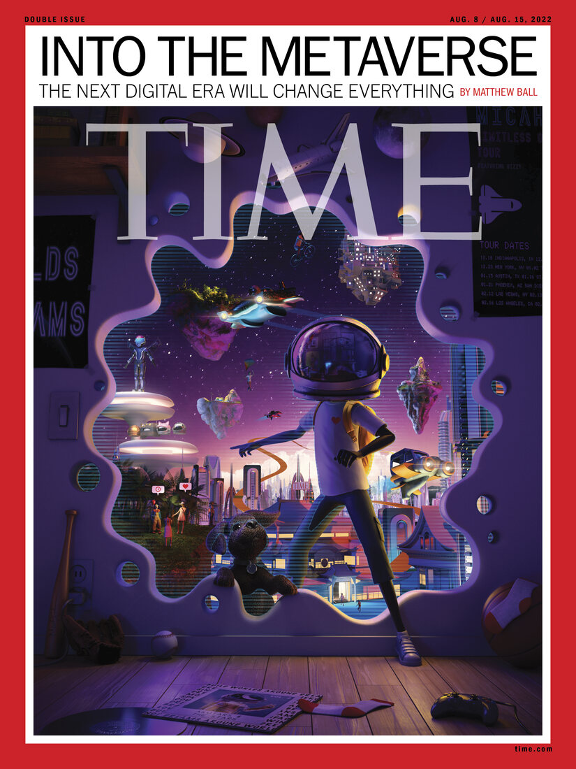 TIME magazine cover, Into the Metaverse, August 2022 — Aku steps through a glowing portal
