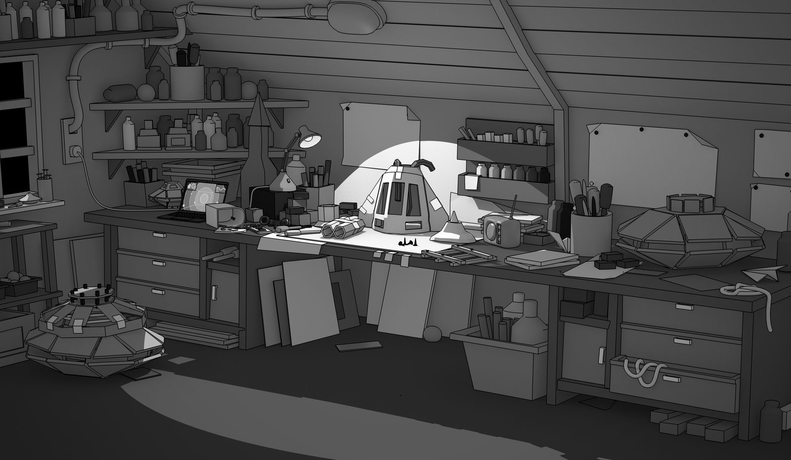Interior illustration — a cluttered attic workbench with Aku&rsquo;s helmet under a desk lamp, half-built machines on the floor